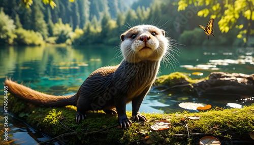 A small animal is standing on a log in front of a body of water
