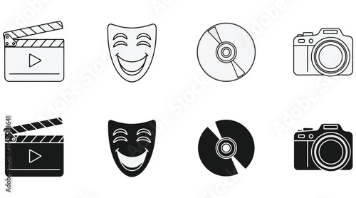 Vector art of collection of entertainment icons, including a clapperboard, comedy mask, cd, and camera