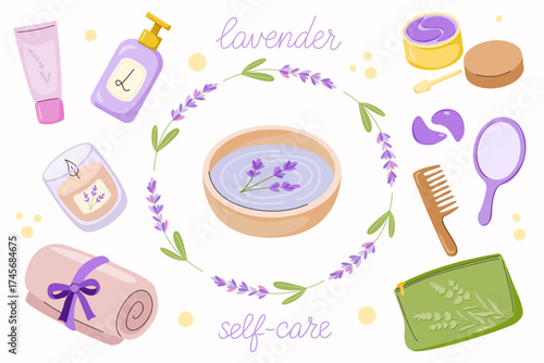 Vector set of lavender-themed spa and self-care items: mirror, comb, soap, cream, candle, towel, patches, bowl with lavender water,  wreath with bow. Organic beauty design for tag, card, print, brand