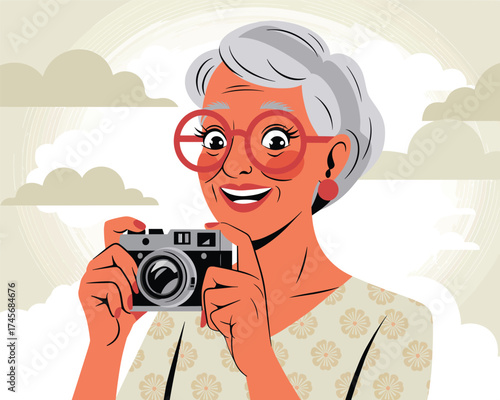 Elderly Woman with Vintage Camera Capturing Memories in a Cloudy Sky