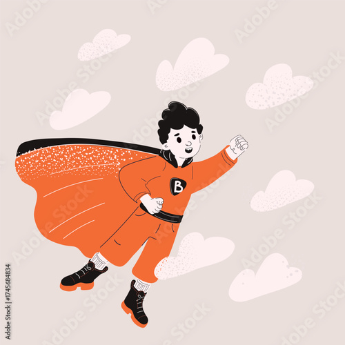 Cartoon vector illustration of a boy dressed as Superman flying in the sky as a metaphor for courage, dreams, and limitless possibilities
