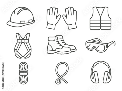 Essential safety equipment icons including helmet, gloves, vest, harness, boots, goggles, rope, and ear protection