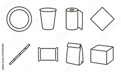 Outline icons of everyday disposable items on a textured brown background