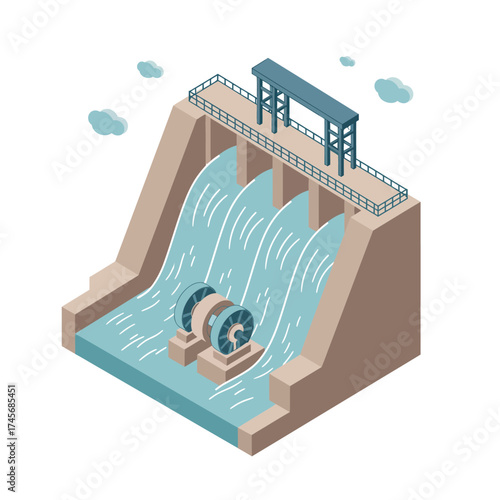 Isometric View of a Hydroelectric Dam with Flowing Water and Turbines