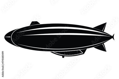 Black Silhouette of a Classic Blimp with Gondola and Rear Stabilizers Ascending Through the Sky