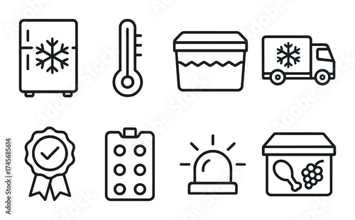 Set of refrigeration icons: fridge, thermometer, icebox, delivery truck, badge, clipboard, alarm, food container