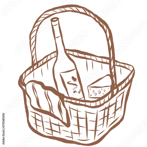 Line Art of Basket with Wine Illustration. Hand-Drawn Doodle.