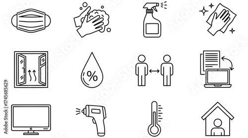 Vector art of set of line icons representing hygiene and safety measures, including mask, washing hands