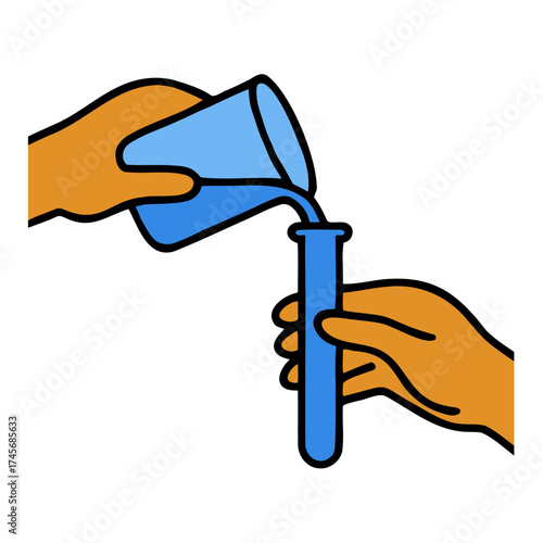 Two hands performing a science experiment pouring blue liquid from a beaker into a test tube
