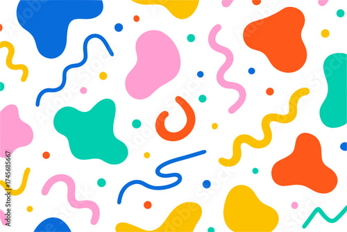 Vibrant abstract shapes and wavy lines in bold primary and secondary colors on a black background