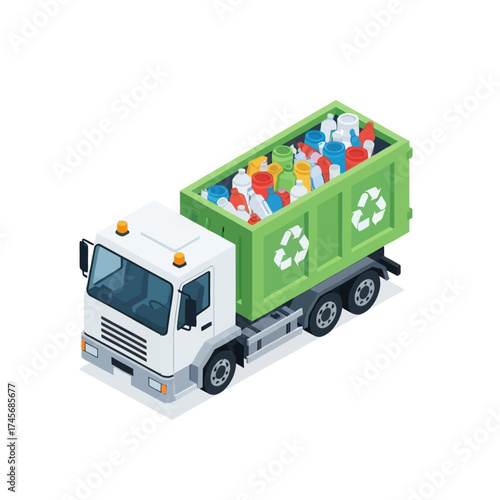 Eco-friendly garbage truck carrying plastic bottles for recycling, modern recycling truck transporting waste