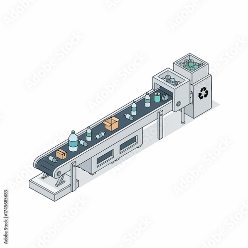 Environmentally conscious illustration of a modern recycling facility's automated conveyor system, efficiently managing and sorting recyclable waste like bottles and boxes for sustainable practices