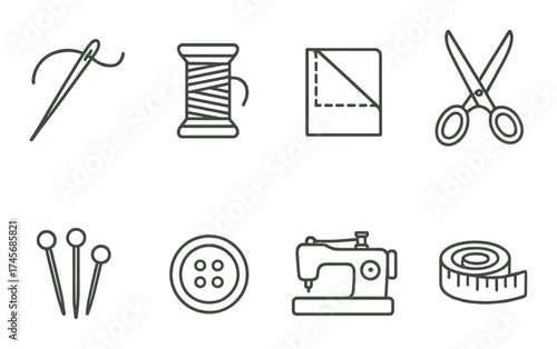 Sewing tools icons with needle, thread, scissors, and sewing machine on green background