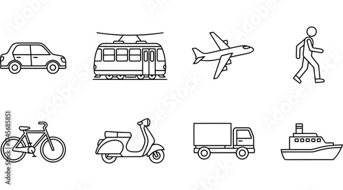 Vector art of set of different transport icons, including car, tram, airplane, and bicycle