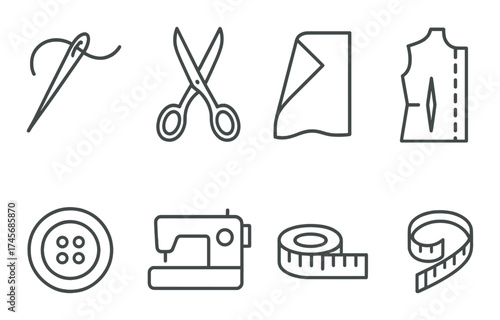 Sewing tools and icons: needle, scissors, patterns, button, sewing machine, tape measure