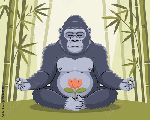 Gorilla Meditating in Lotus Pose Surrounded by Bamboo