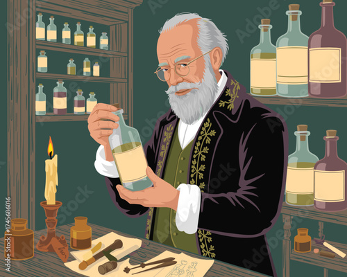 Elderly Apothecary Examining a Bottle of Medicine with Shelves of Jars Behind Him