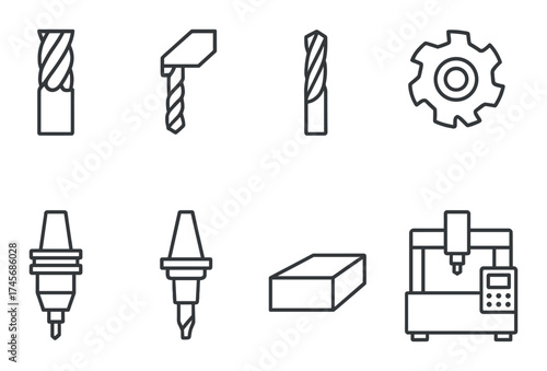 Illustration of cnc machine tools and attachments in black and white