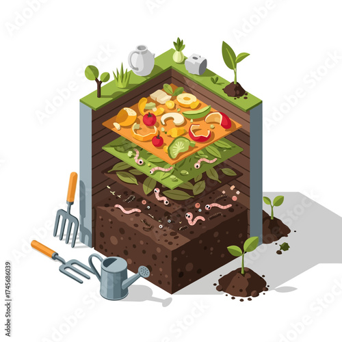 Detailed isometric illustration of a natural composting system, demonstrating organic waste breakdown by earthworms into fertile soil for sustainable gardening