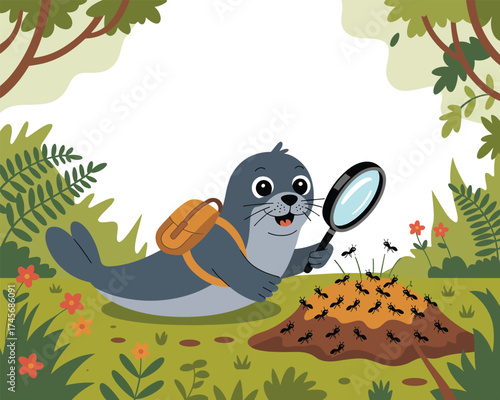 Cute seal exploring an ant colony with a magnifying glass in a whimsical forest setting