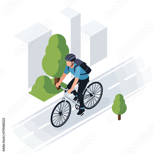 Isometric vector illustration of a man commuting by bicycle through a modern city street with trees and buildings