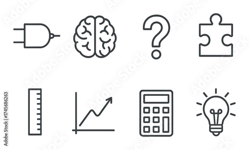 Icon set featuring brain puzzle light bulb ruler and graph symbols on gradient background