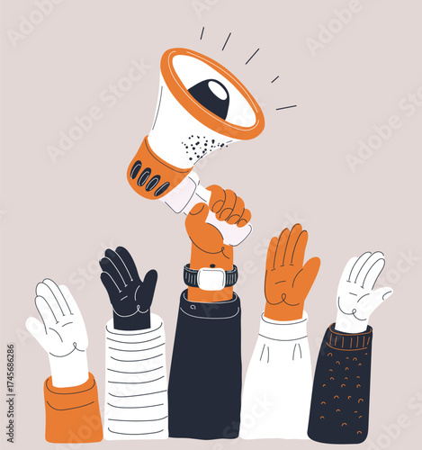 Cartoon vector illustration of people with raised hands holding a megaphone as a metaphor for unity, voice, and collective action