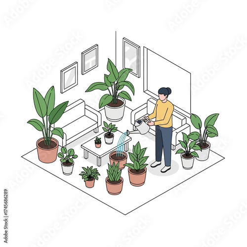 A detailed isometric illustration showcasing a person tending to their thriving indoor plant collection, cultivating a peaceful and green living environment