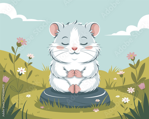 Cute Hamster Meditating in a Peaceful Meadow A Serene Illustration