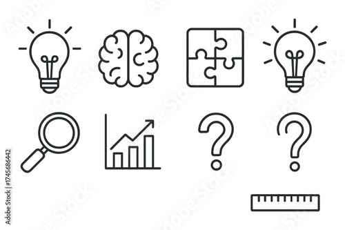Abstract puzzle icons: ideas, brain, question marks, and growth symbols