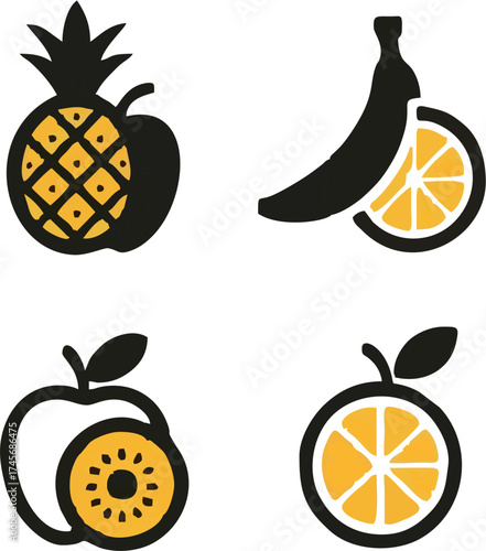 Colorful cartoon fruit icons set with apple pineapple orange lemon banana strawberry pear watermelon cherry kiwi and leaves vector illustration