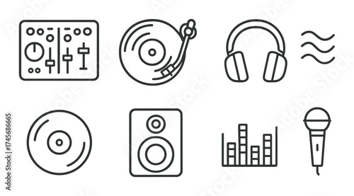 Audio equipment icons: turntable, mixer, headphones, microphone, speakers