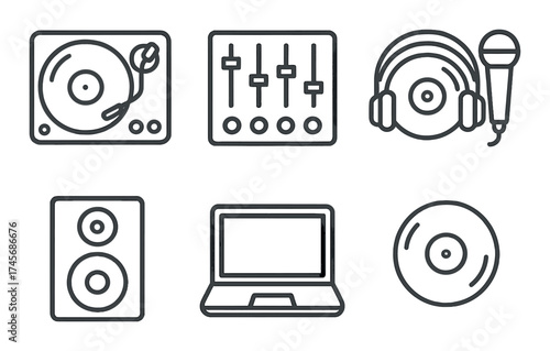 Music equipment icons: turntable, mixer, headphones, microphone, speaker, laptop, vinyl disc