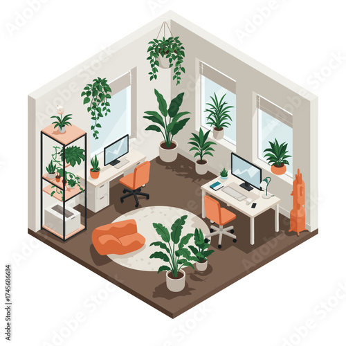 Modern isometric home office interior with two ergonomic workspaces, computers, and abundant green plants, creating a productive and refreshing biophilic design