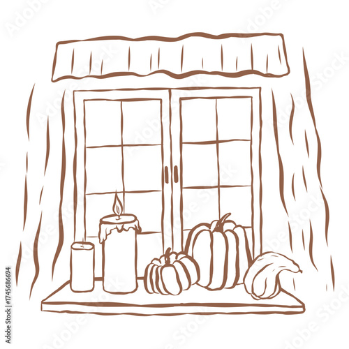 Line Art of Window with Pumpkins Illustration. Hand-Drawn Doodle.