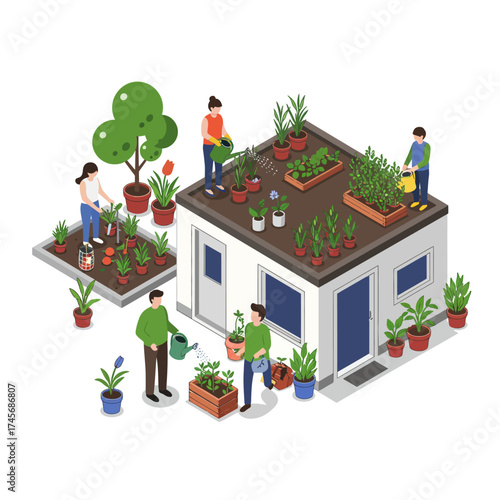 Isometric Illustration of Urban Gardeners Cultivating Plants on a Rooftop and Surrounding Areas