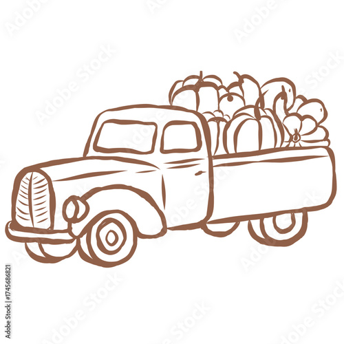 Line Art of Track with Pumpkins Illustration. Hand-Drawn Doodle.