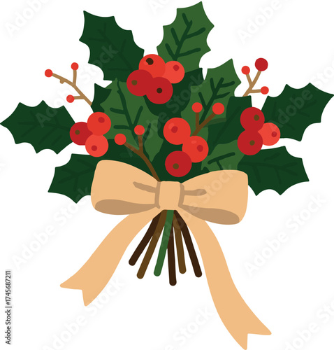 Festive holly and berries decorative illustration for holiday designs
