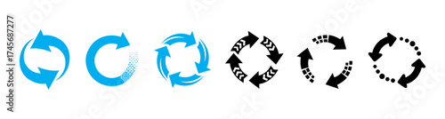 Blue circle arrows icon set. Black round reload sign, repeat icon, sync, rotate arrow symbol, refresh reload rotation loop collection.