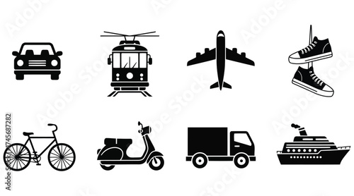 Vector art of black and white vector illustration of various modes of transportation