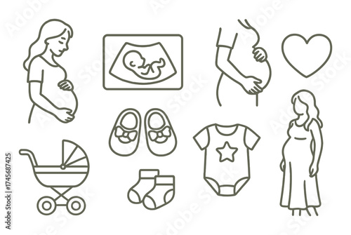 Pregnant woman icons: motherhood symbols and baby essentials