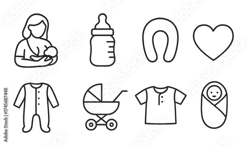 Minimalist icons of motherhood and baby essentials on gray background