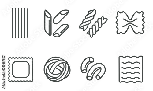 Variety of black and white pasta icon illustrations on gradient background