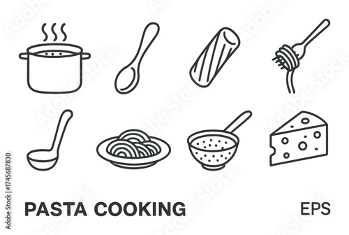 Pasta cooking icons: pot, spoon, spaghetti, cheese, ladle, colander, bowl