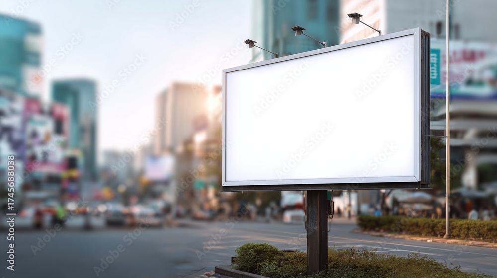 Fototapeta premium A large blank white billboard in an urban street under daylight with a cityscape background ideal for mockups.