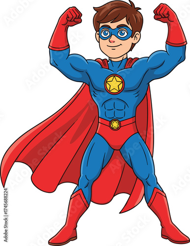 Strong superhero cartoon character flexing arms, blue costume with red cape, comic style illustration, children hero artwork, cad drawing flat vector illustration