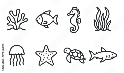 Monochrome marine icons: fish, seahorse, jellyfish, starfish, turtle, shark, seaweed, coral
