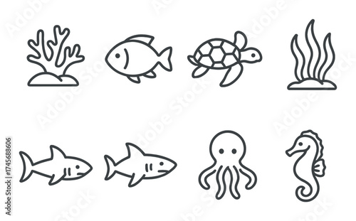 Black and white marine icons on dark background: fish, turtle, coral, seaweed, octopus, seahorse