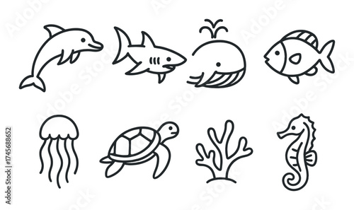 Simple outline illustrations of sea creatures: whale, shark, fish, dolphin, turtle, jellyfish, seahorse, coral