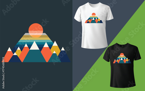 Modern geometric mountain sunset design on t shirts